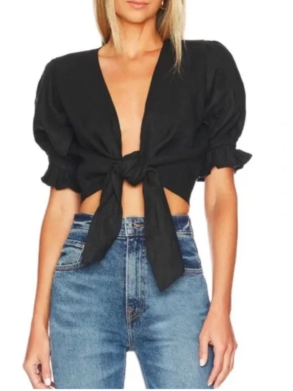Faithfull the Brand Jamaica - Black Tie-Front Linen Wrap Blouse - Black / XS